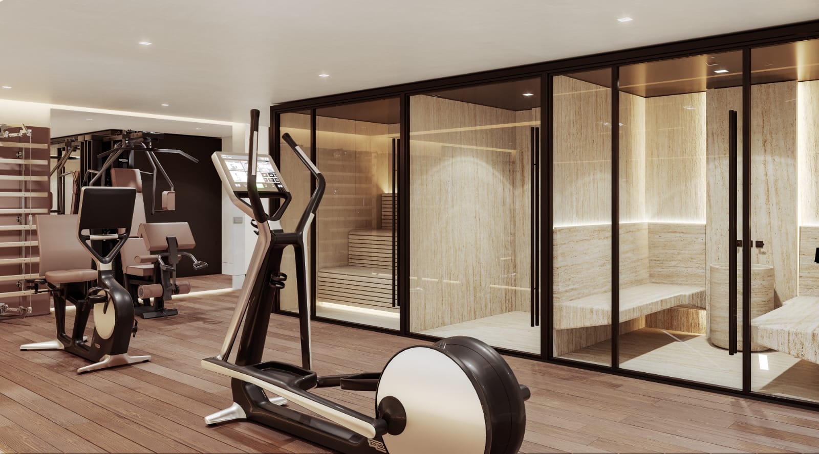 Private spa and gym wellness suite render